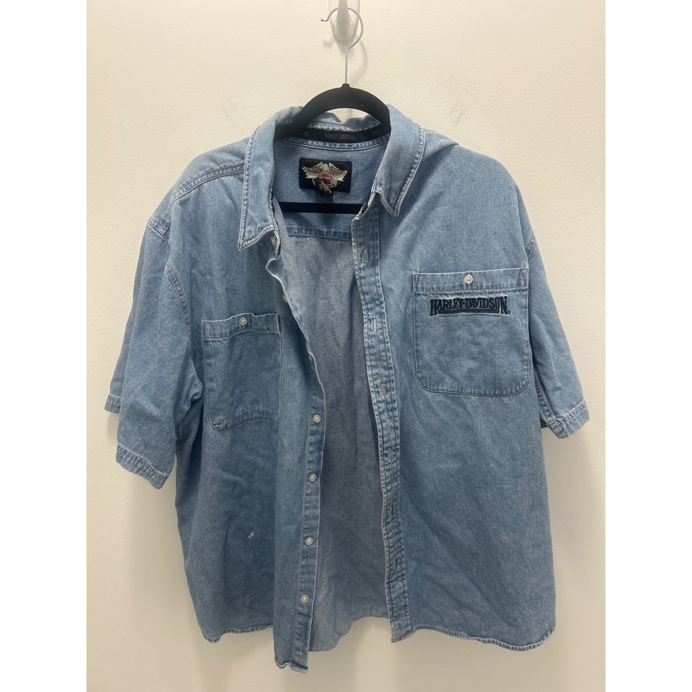 Harley Davidson Mens Denim Shirt Light Wash Short Sleeve Embroidered Logo 2XL